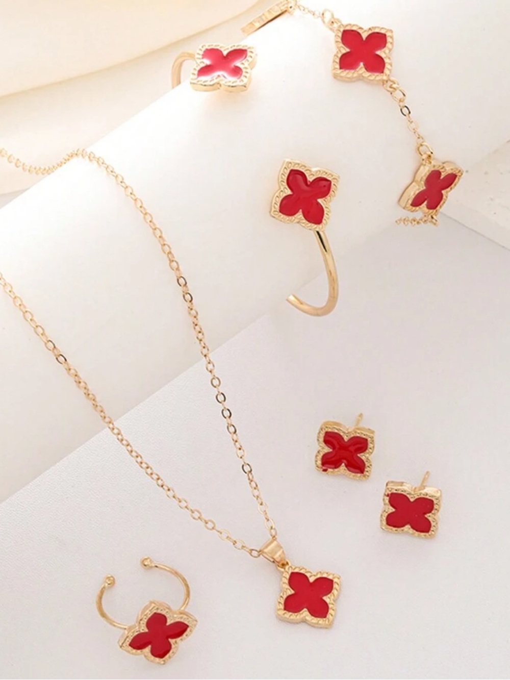 Kohl's Gold-Tone Necklace and Clover Jewelry Set with Red Accents